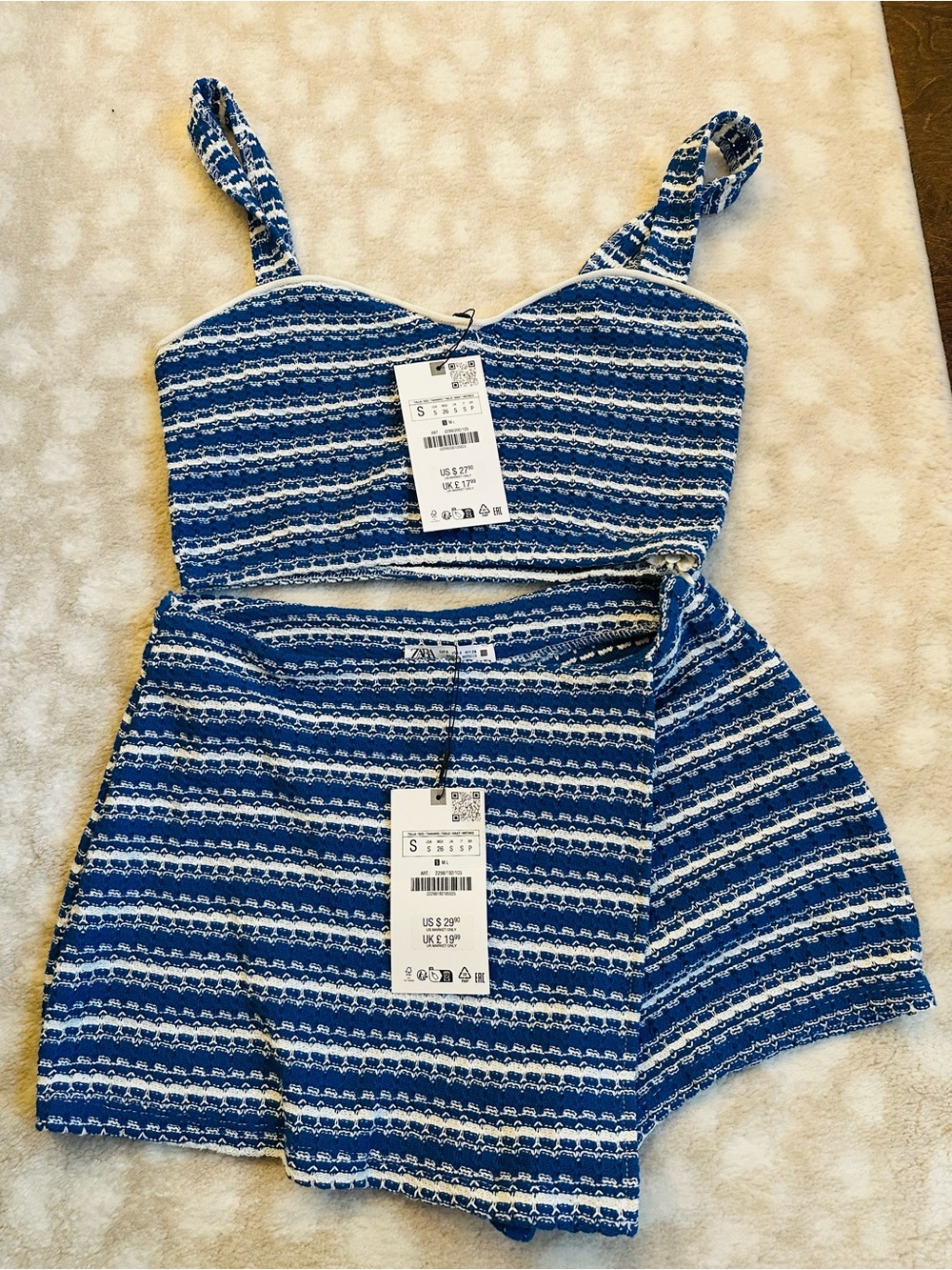 Zara Knit Blue Striped Knit Crop Top and Skort Set Small